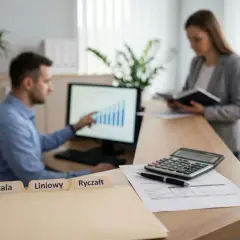 Mężczyzna analizuje wykres na monitorze, obok folder z napisem "Liniowy". Kobieta czyta dokument.