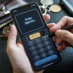 Dłoń z rysikiem wprowadza PIN karty SIM na ekranie telefonu, sugerując problem z blokadą simlock.
