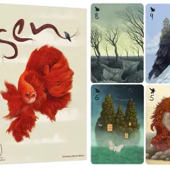 Karty do gry "Sen" z ilustracjami Marcina Minora: złota rybka, mroczny las z rybami, kruk na zamku, nocna wyspa z domkami i smok.