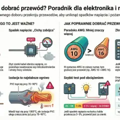 Przewody zasilające, ich przekroje i obciążenia prądowe. Wykresy pokazują prawo Joule'a, spadek napięcia, paradoks AWG i test obciążenia. Dławiki nie są widoczne.