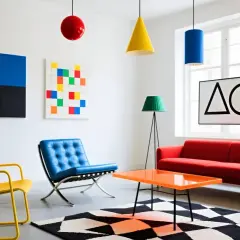 Ein Wohnzimmer mit ikonischer Bauhaus Einrichtung: gelber Stuhl, blaue Ledercouch, rotes Sofa, geometrische Kunst und bunte Lampen.