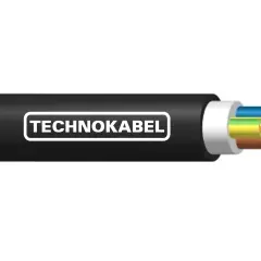 Przekrój kabla Technokabel z widocznymi żyłami w izolacjach: niebieskiej, żółto-zielonej i brązowej.