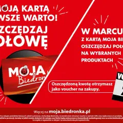 Czerwona grafika z napisem "Z moją kartą zawsze warto oszczędzaj połowę" i kartą Moja Biedronka.