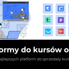Ilustracja przedstawia studenta korzystającego z laptopa, który jest częścią darmowej platformy do tworzenia kursów online. Obok widnieje siatka z logotypami różnych narzędzi edukacyjnych.