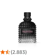 Frasco de perfume Valentino Uomo Born in Roma, negro con detalles plateados y etiqueta rosa.