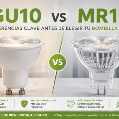 Comparativa de focos led GU10 y MR16. El GU10 es 230V sin transformador, ideal para reformas. El MR16 es 12V con transformador.