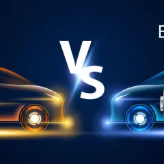 Samochód spalinowy z kroplą paliwa kontra elektryczny bev z symbolem błyskawicy.