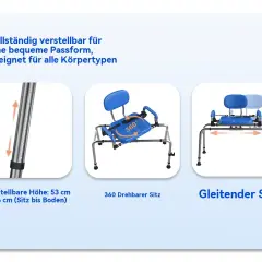 Duschstuhl Senioren Test: Verstellbare Höhe, 360° drehbarer und gleitender Sitz für Komfort und Sicherheit.