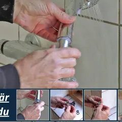 Här visas hur man byter duschslang. Händer monterar en ny slang på duschblandaren.