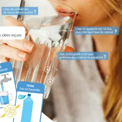 Une personne boit un verre d'eau, avec des bulles d'information comparant l'eau du robinet et l'eau en bouteille. L'eau à boire est un sujet de débat.