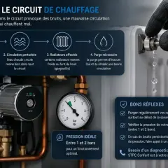 Manette de purge d'un radiateur, goutte d'eau tombant. Le texte mentionne la pression chaudière idéale entre 1 et 2 bars.
