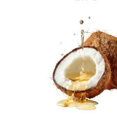 Kropla płynu, przypominającego olej kokosowy, spływa do połówki kokosa. Składnik disodium cocoyl glutamate jest kluczowy dla jego właściwości.