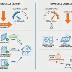 Comparaison des émissions de CO₂ pour une re2020 maison individuelle et un immeuble collectif. Réduction des seuils de CO₂ grâce à des matériaux et systèmes plus écologiques.