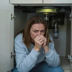 Femme inquiète sous un évier, face à un **tout à l'égout bouché que faire** ? Les tuyaux sont visibles.