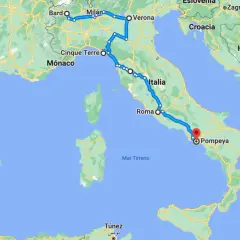Carte d'un itinéraire en camping-car en Italie du Nord, de Bard à Pompéi, passant par Milan, Vérone, Cinque Terre et Rome.