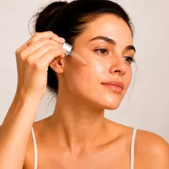 Mujer aplicando suero facial con gotero, disfrutando de los beneficios del retinol para una piel radiante y rejuvenecida.