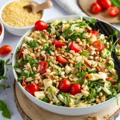 Leckerer Nudelsalat mit Kirschtomaten, Rucola und Pinienkernen – eine Inspiration für frische salat rezepte.