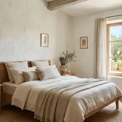 Chambre paisible avec un lit douillet, des coussins texturés et un mur à l'enduit décoratif subtil. La lumière naturelle filtre par la fenêtre, révélant un jardin verdoyant.