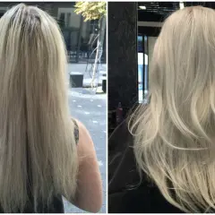 Przed i po zabiegu Olaplex. Włosy po zabiegu są widocznie zdrowsze i lśniące.