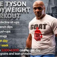 Mike Tyson's bodyweight workout routine includes 200 decline sit-ups, 50 bench dips, 50 push-ups, and 50 shrugs, 6x per week.