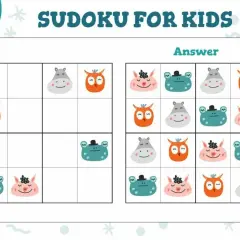 Urocze sudoku obrazkowe dla dzieci z sowami, hipopotamami, świnkami i żabkami. Rozwiąż zagadkę, dopasowując zwierzątka.