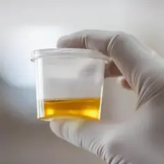 Rękawiczka medyczna trzyma pojemnik z żółtym moczem. Zastanawiasz się, jak obniżyć pH moczu u dziecka?