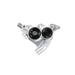 A silver Hope RX4 brake caliper with two black pistons, ready for powerful braking on any trail.