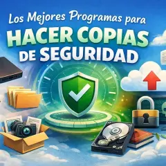 Iconos de disco duro, carpetas, cámara y logos de servicios en la nube, junto a un escudo de seguridad y un candado, ilustran la importancia de las copias de seguridad.