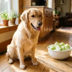 A golden retriever sits patiently, eyeing a bowl of honeydew melon cubes, wondering if dogs can eat honeydew.