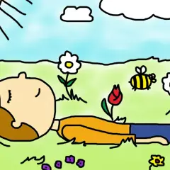 Ein Kind träumt auf einer Wiese von einer traumreise grundschule, während eine Biene vorbeisummt.