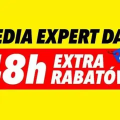 Napis "Media Expert Days" i "48h Extra Rabatów" na czerwonym tle z niebieską etykietą "Top Oferty".