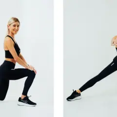 Donna in abiti sportivi neri esegue esercizi per le ginocchia infiammate: affondo e affondo laterale.