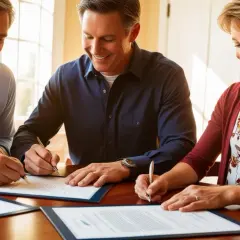 Pareja sonriente firma documentos, quizás para una hipoteca inversa La Caixa, asegurando su futuro financiero.