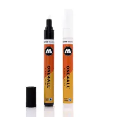 Zwei orange-gelbe Graffiti-Marker "ONE4ALL" mit schwarzer Kappe und weißer Spitze.
