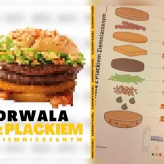 Burger Drwala z Plackiem Ziemniaczanym, z podwójnym mięsem, bekonem i chrupiącą cebulką.