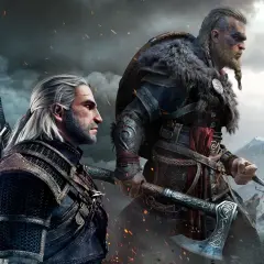 Geralt i Eivor, bohaterowie gier podobnych do Assassin's Creed, gotowi do walki.