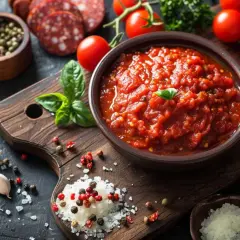 Un bol de sauce tomate épicée, parfaite pour accompagner des pâtes ou une pizza. Des tomates fraîches, de l'ail, du basilic et des épices complètent cette scène culinaire.
