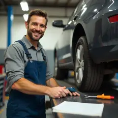 Un mécanicien souriant dans un garage libre service pour réparer soi-même, prêt à aider avec votre voiture.