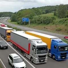 Lange Schlange von LKWs auf der Autobahn, ein Zeichen für das Ferienfahrverbot.