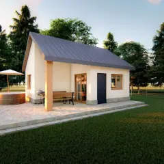 Uroczy dom 35m2 z bali, z tarasem, beczką do kąpieli i grillem, otoczony zielenią. Idealne miejsce na relaks.