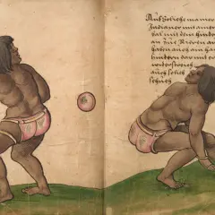 Ilustracja przedstawia dwie postacie grające w piłkę, z tekstem w języku niemieckim.