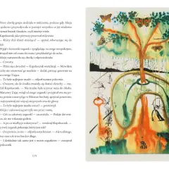 Surrealistyczny obraz z motywami z Alicji w Krainie Czarów: drzewo z motylami, klucz, filiżanki i zegar.