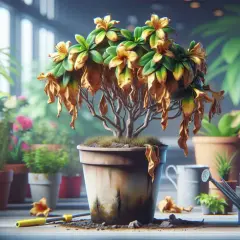 Un arbuste d'azalée aux feuilles sèches et jaunies, dans un pot abîmé, entouré d'autres plantes vertes. Un arrosoir et un outil de jardinage sont à proximité.