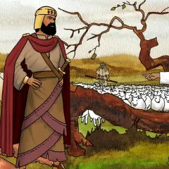 König Saul und ein Prophet sprechen über die Amalekiter. Ein Hirte mit einer Kuh und Schafe im Hintergrund. 1 Samuel 15,3.