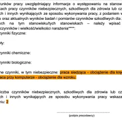 Skierowanie na badania lekarskie: opis czynników pracy, w tym praca siedząca i przy komputerze.