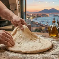 Hände rollen pizzateig aus. Im Hintergrund ein Holzofen, eine Stadtansicht bei Sonnenuntergang und ein Glas Rotwein.