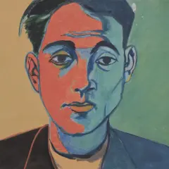 Portret mężczyzny w intensywnych barwach, charakterystyczny dla dzieł Andrzeja Wróblewskiego.