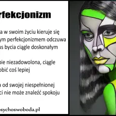 Kobieta z geometrycznym makijażem, symbolizującym perfekcjonizm kliniczny. Ciągłe dążenie do ideału rodzi lęk i niezadowolenie.