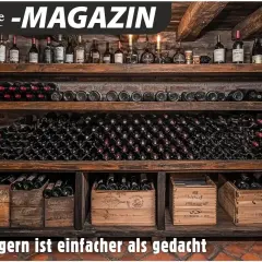 Holzregale mit zahlreichen Weinflaschen und Holzkisten. Die perfekte wein aufbewahrung für Genießer.