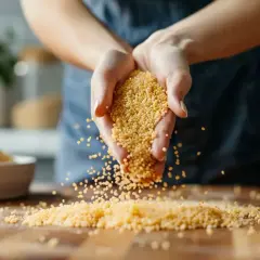 Dłonie rozsypują kaszę bulgur, która jest przetworzoną pszenicą. W tle miska pełna ziaren.